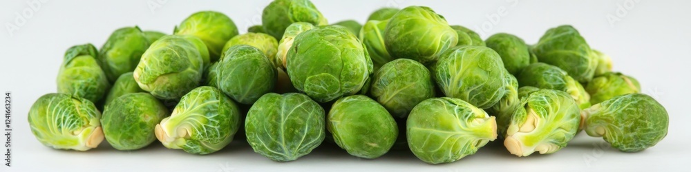 Poster a heap of fresh brussels sprouts on a white background, ideal for use in food or health-related cont