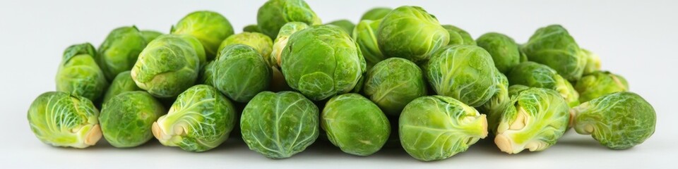Fototapeta premium A heap of fresh Brussels sprouts on a white background, ideal for use in food or health-related contexts