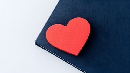 A simple red heart-shaped wooden bookmark is placed on the edge of an open navy blue notebook
