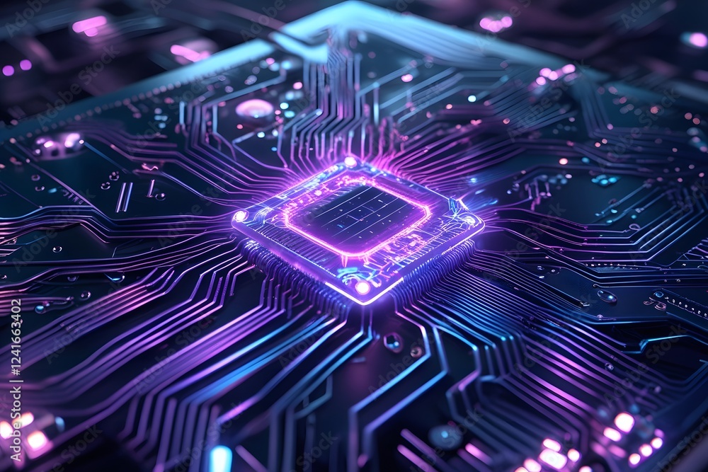 Aufkleber glowing cyberpunk-inspired microchip on pcb – artificial intelligence and semiconductor technology