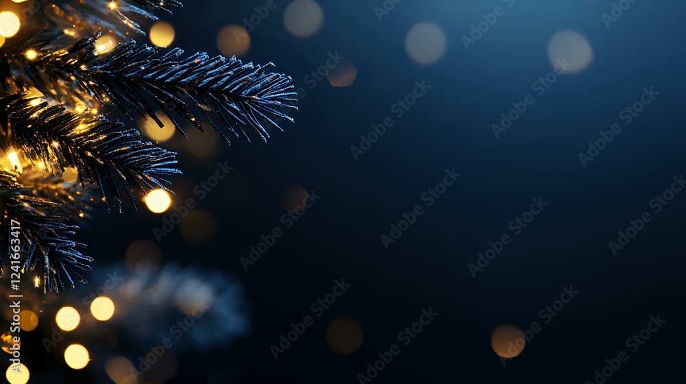 Poster glowing christmas lights and pine branches against dark blue background create magical holiday atmos