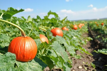 Obraz premium Pumpkins flourish in a sunny green field on a bright autumn day, showcasing vibrant colors and healthy leaves