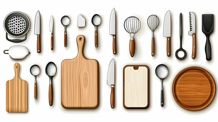 Wooden kitchen utensils and cutting boards collection on white background, ideal for cooking blogs or recipe websites