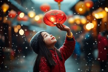 Young girl wearing red winter coat and wool cap, holding red paper lantern during snowy chinese new year lantern festival celebration