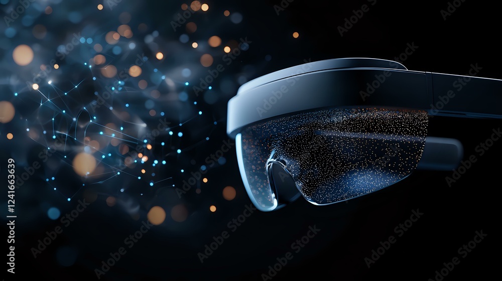 Aufkleber mixed reality headset with glowing particles and bokeh lights floating in dark space against blurred