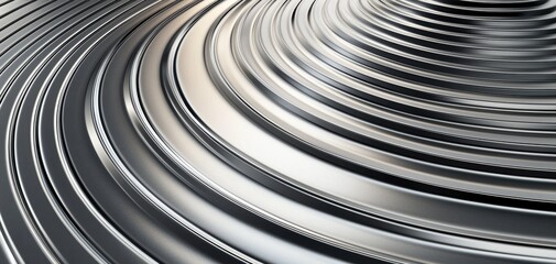 Circular metallic grooves create a mesmerizing pattern, showcasing reflections and smooth textures in a striking visual display.