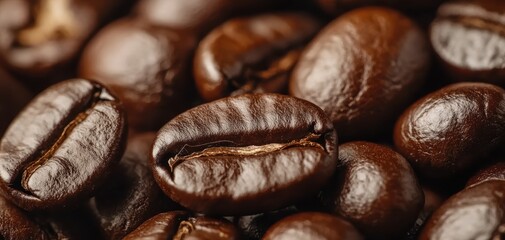 A close-up of dark roasted coffee beans, showcasing their rich texture and glossy surface, perfect for brewing a flavorful cup of coffee.