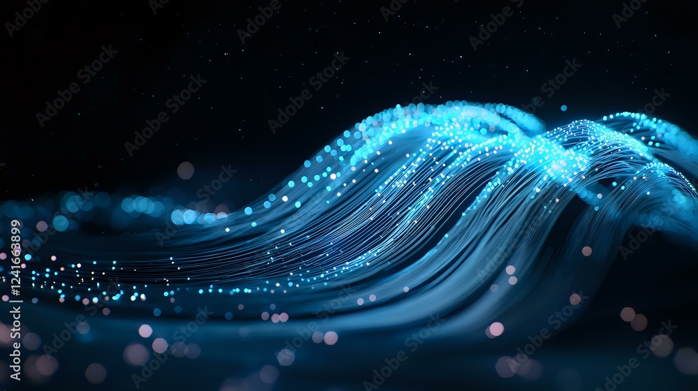 Poster abstract blue glowing wave with sparkles and particles flowing on dark background, dynamic digital m