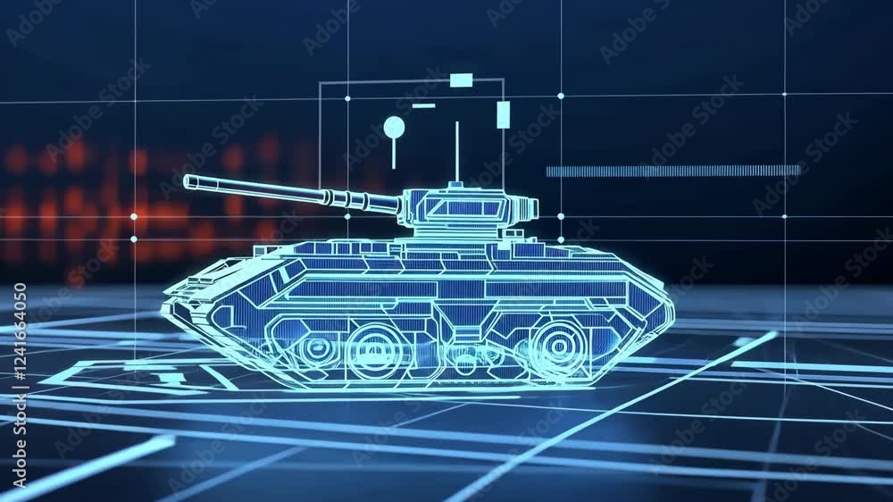 Poster digital blueprint of futuristic tank design displayed on high tech interface showcasing advanced mil