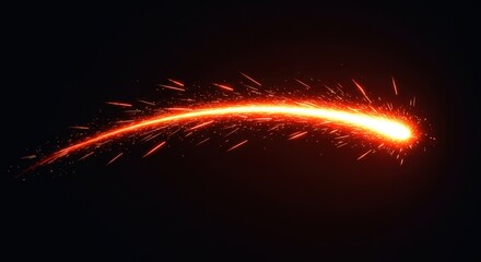 A vibrant, curved streak of light with fiery sparks and glowing embers against a black background. It resembles a comet or shooting star with intense brightness.