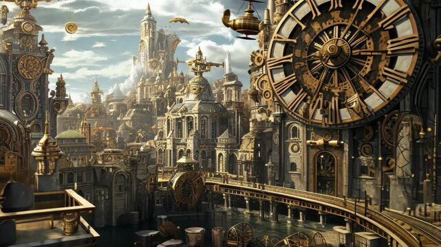 A bustling steampunk city featuring clock towers, airships, and steampowered machinery under a dramatic sky filled with clouds, showcasing the intricate architecture of a vibrant metropolis