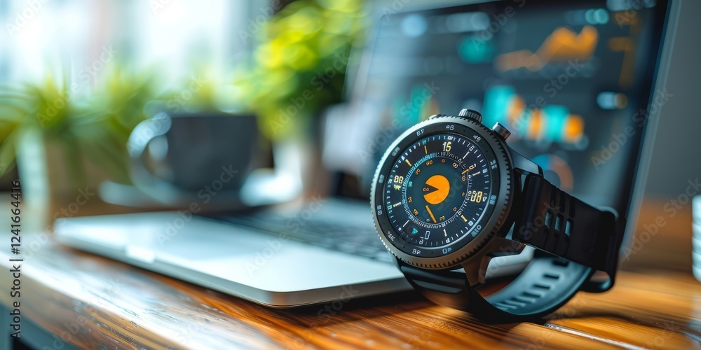Poster modern smartwatch with a futuristic digital display resting on a laptop in a workspace with plants a