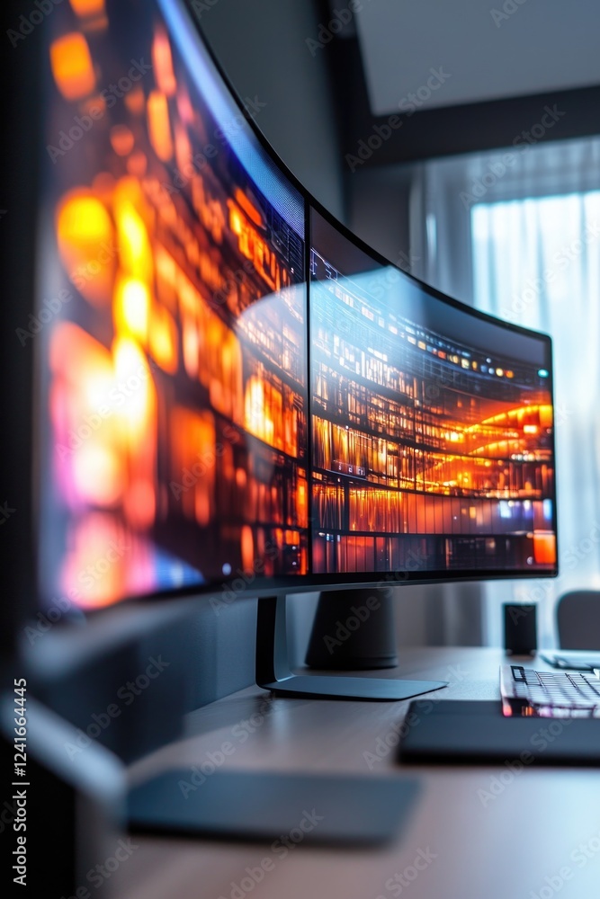 Poster a computer monitor sitting on a desk, suitable for office or workspace settings