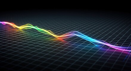 A colorful, luminous waveform flows across a dark grid background, suggesting data, technology, or sound visualization. Abstract and dynamic.