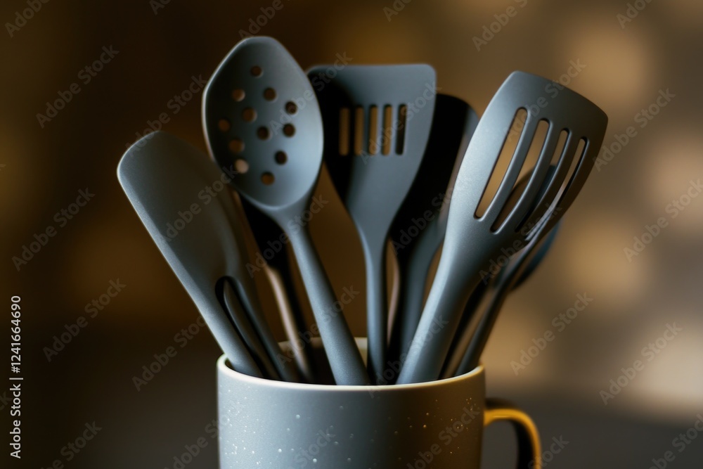 Poster various kitchen tools stored in a container