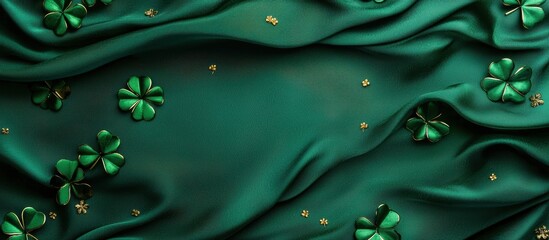 Ultra-modern mockup background with space for text for Saint Patricks Day, decorated with a smooth green silk texture, scattered gold clovers, and subtle sparkles