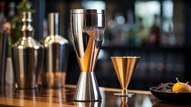 A sleek stainless steel cocktail shaker on a wooden bar countertop with various bar tools, ready for mixology in a stylish setting, perfect for crafting cocktails in the evening