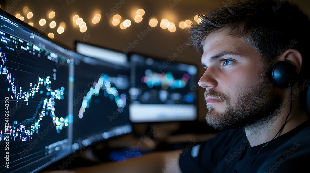 Poster young caucasian male trader in headphones analyzing financial market data on multiple screens with s