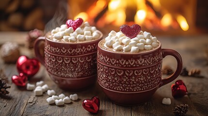 Fototapeta premium Valentine`s day hot chocolate or coffee latte mug with chocolate drizzle, heart shaped marshmallow and macaron cookie. Sweet treats drink recipe idea, sweet dessert beverage for your Valentine