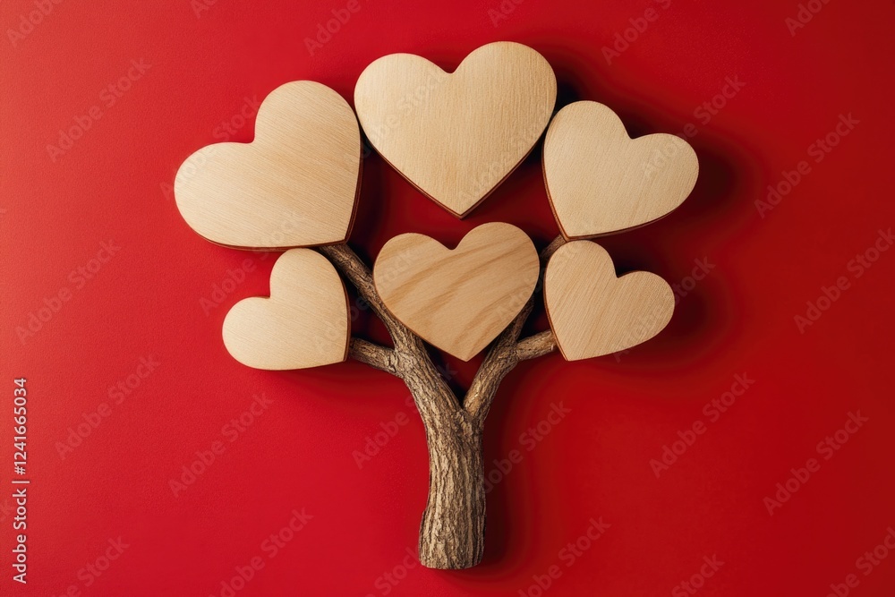 Poster a unique arrangement of wooden hearts forms a tree shape on a bright red background