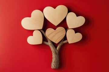 A unique arrangement of wooden hearts forms a tree shape on a bright red background