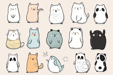 Cute assortment of cartoon stickers featuring adorable animals in playful poses and various colors on a light background. Generative AI