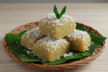 A close-up shot of Getuk, a traditional Indonesian snack made from cassava, arranged on a woven plate lined with fresh banana leaves. 