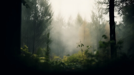 Fototapeta premium A forest with foggy trees and a misty atmosphere