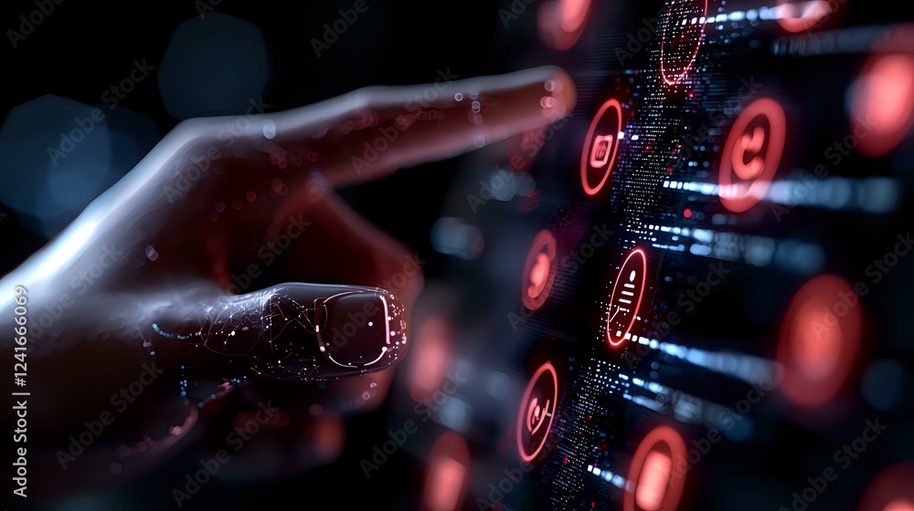 Poster futuristic digital interface with glowing red icons and human hand reaching towards interactive holo