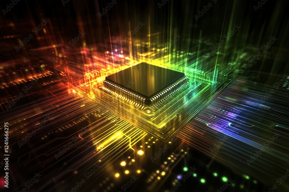 Aufkleber a detailed depiction of a microchip at the center, surrounded by vibrant, glowing data streams that 