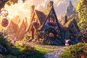Fototapeta premium Whimsical Easter Cottage Village with Bunnies and Festive Decorations