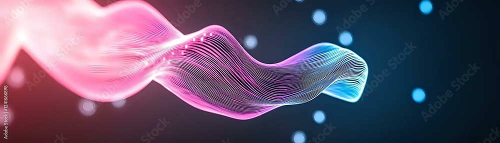 Aufkleber abstract flowing pink and blue wave lines with glowing particles on dark background, dynamic motion 