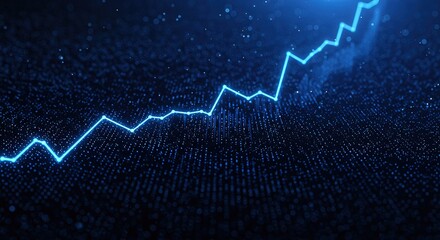A glowing blue line graph ascends against a backdrop of blue data points, depicting growth and upward trends in a dynamic market visualization.