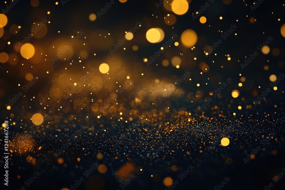 Poster a blurred image of gold lights against a dark black background, suitable for use in various designs 