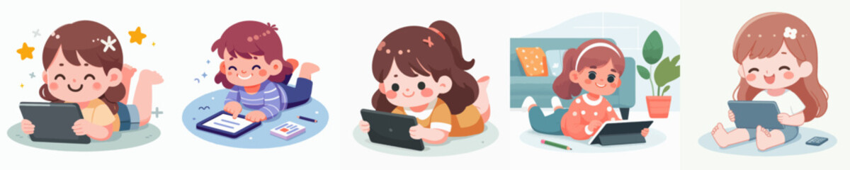 vector of a child using a tablet while relaxing