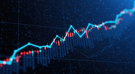 Abstract digital stock market chart with candlestick patterns. Shows fluctuating prices, investment trends, and financial data analysis. Blue and red represent price changes.