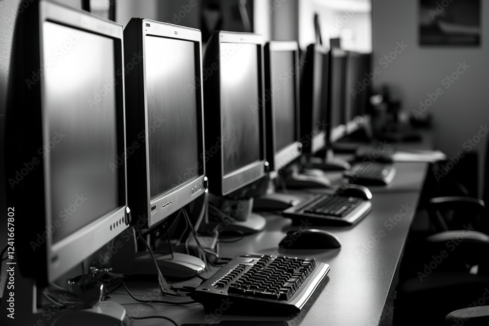 Aufkleber a row of computer monitors on an office desk.