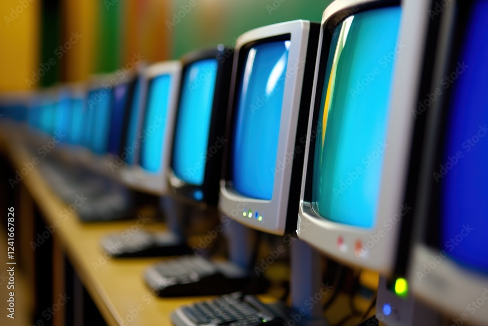 Aufkleber a row of computer monitors on an office desk.