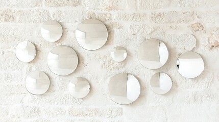   A mirror group, affixed to a white brick wall, with adjacent white brick walls