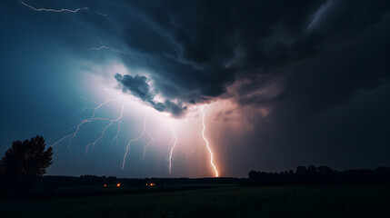 A stormy sky with lightning bolts and a dark, moody atmosphere