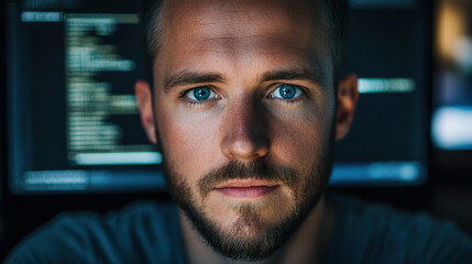 An IT professional with blue eyes focuses intently on coding projects in a dimly lit office, surrounded by computer screens