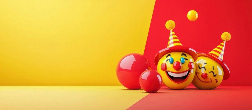 Ultra-modern mockup background with space for text for April Fools Day, designed with a glossy red and yellow color scheme, clown hats, and wacky emoji faces - Powered by Adobe