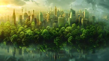 Eco City Panorama Showcasing Sustainable Green Urban Landscape with Futuristic Skyscrapers and Nature