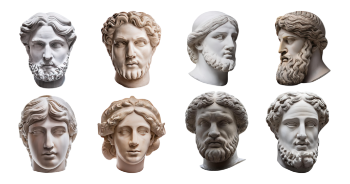 Classical Sculptures of Ancient Greek and Roman Deities and Philosophers, isolated on transparent background