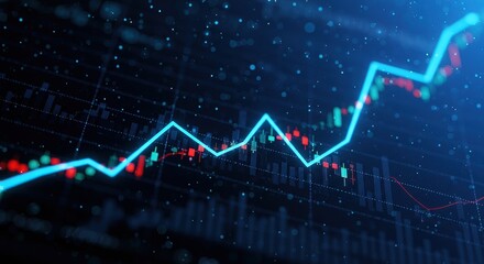 A dynamic visual representation of stock market trends. Blue line shows upward trajectory amidst red and green candlestick charts, indicating price fluctuations and overall market performance.