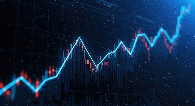 A dynamic stock market graph displays fluctuating prices with a predominantly upward trend. Blue highlights the overall price movement against a dark background, showing candlestick charts and data po