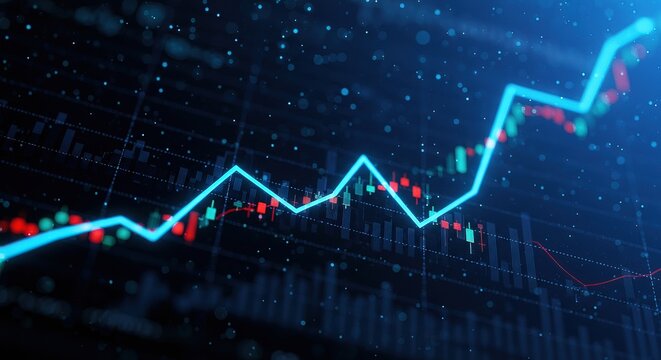 A dynamic visual representation of stock market trends. Blue line shows upward trajectory amidst red and green candlestick charts, indicating price fluctuations and overall market performance.