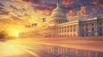 Fototapeta premium USA flags on Washington DC building, Independence Day.