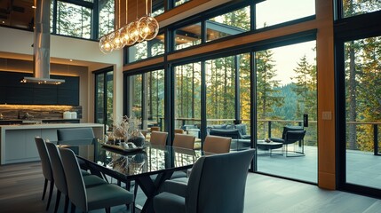 Fototapeta premium Modern Mountain Home Dining Room with Stunning Forest Views