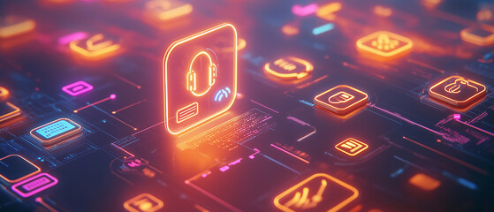 Glowing customer service icons floating over a digital workspace-4